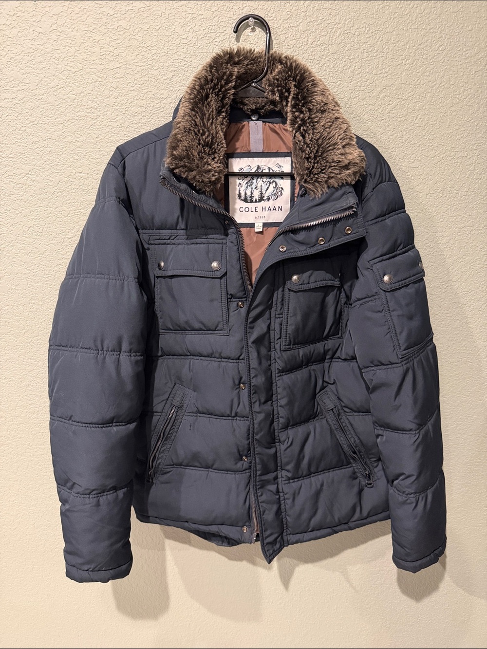 Cole Haan Navy Blue Puffer Jacket with Faux Fur Collar